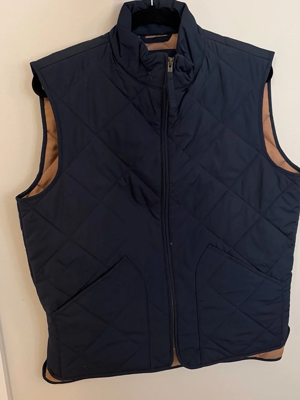 J. Crew Quilted Navy Zip-Front Vest with Tan Trim
